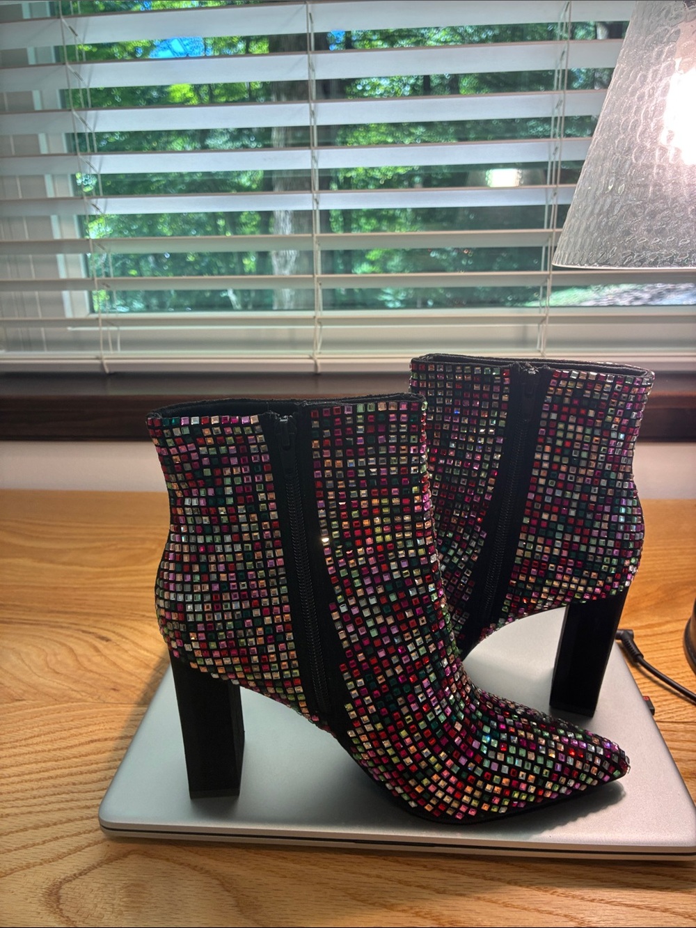 Wild Pair Multicolor Crystal Square Ankle Booties with Block Heel